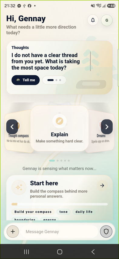 Gennay Start showing a calm premium overview with paths and next steps.