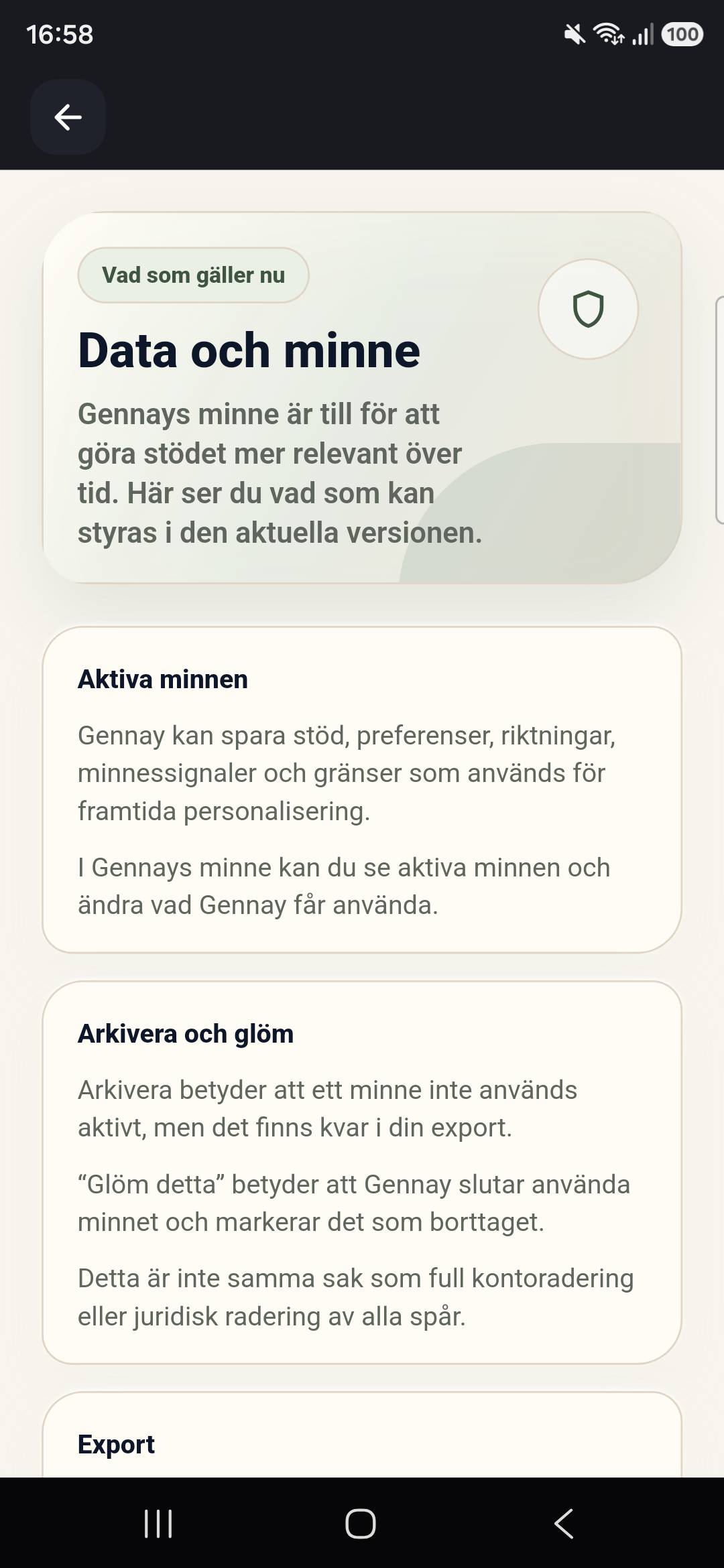 Skärmbild av Gennays integritetsvy som visar hur du med ett enkelt reglage kan rensa appens minne eller stänga av historik.
