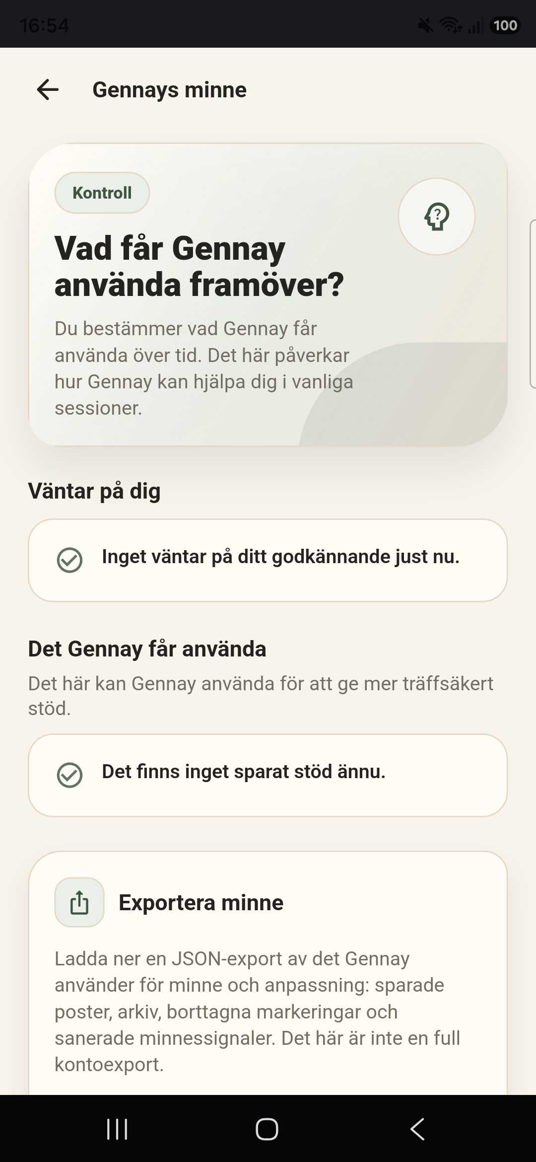 Screenshot from Gennay's memory view where the user can see and control what the app may use later.