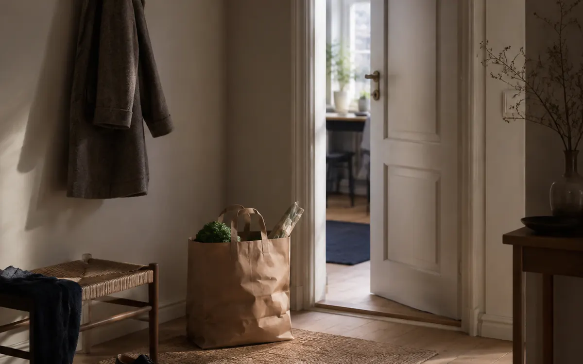 A paper grocery bag rests beside an open doorway in a lived-in hallway lit by the afternoon.